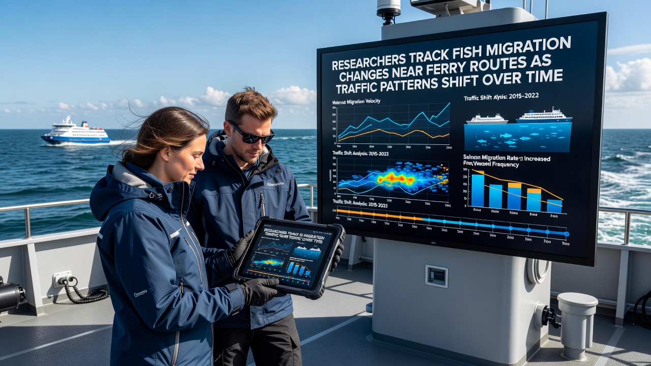 Sonar equipment and tagged fish data being reviewed during a field study near ferry lanes